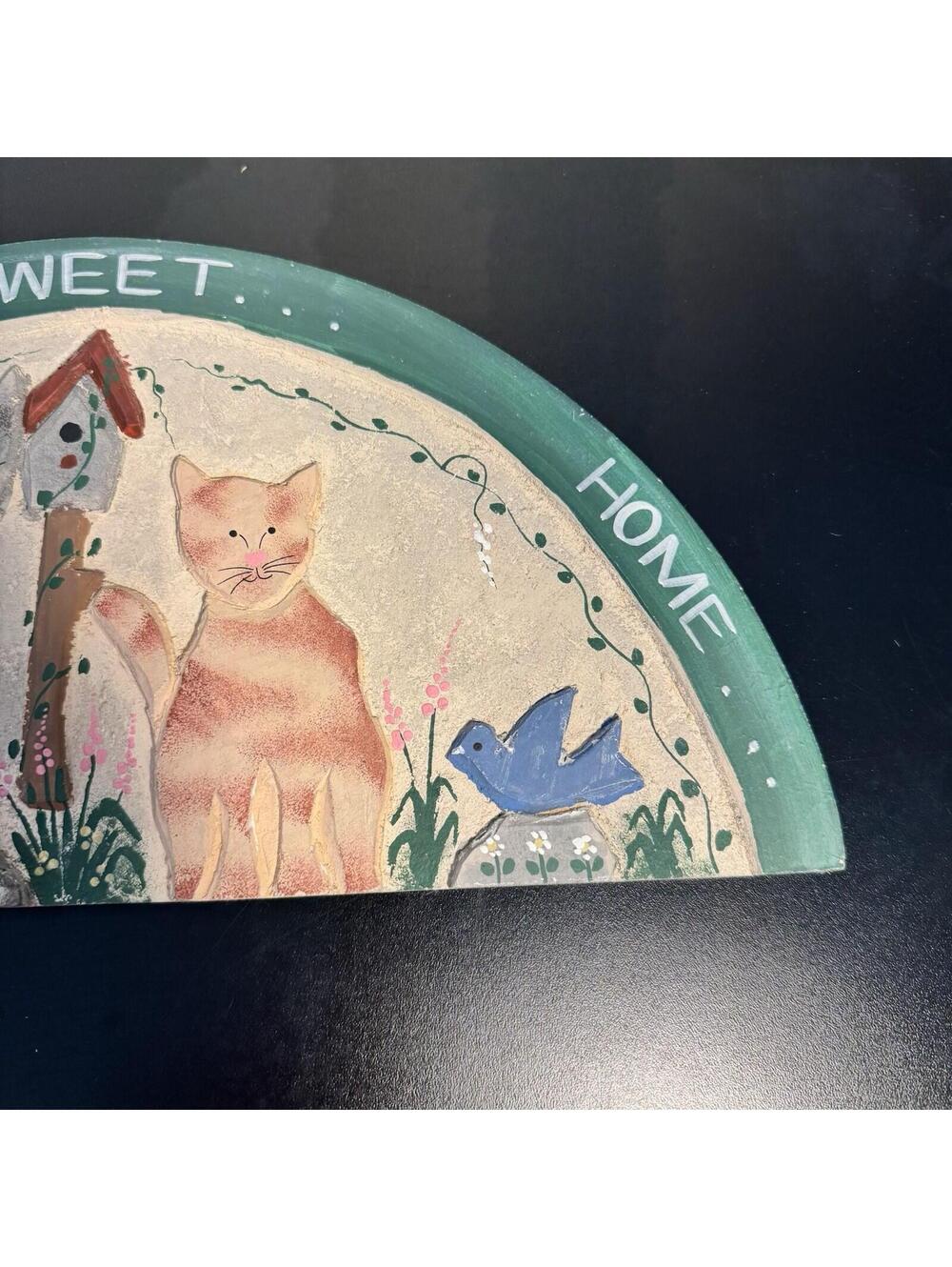 Vtg Wood Sign Welcome Hand Painted Kitty Cat Flowers Country Decor Home Sweet - Picture 8 of 9